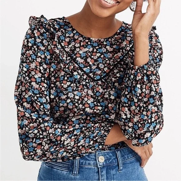 Madewell Floral Ruffle-Yoke Cotton Long Sleeve Blouse - Picture 3 of 14